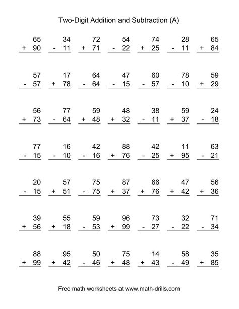 Two-Digit (A) Combined Addition and Subtraction Worksheet Math Subtraction Worksheets, Easy Math Worksheets, Math Facts Addition, Kindergarten Math Worksheets Addition, Math Fact Worksheets, Math Practice Worksheets, Math Addition Worksheets, First Grade Math Worksheets, Free Printable Math Worksheets