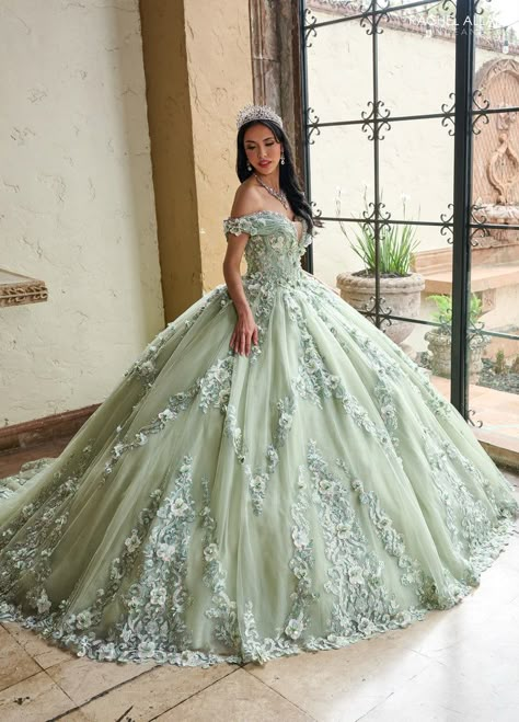 Tiana Quince, Sage Green Quinceanera Dresses, Fairytale Quince, Off The Shoulder Corset Dress, Dama Dresses Quinceanera, 1500 Dresses, Quinceanera Tiaras, Quinceanera Themes Dresses, Quinceañera Ideas