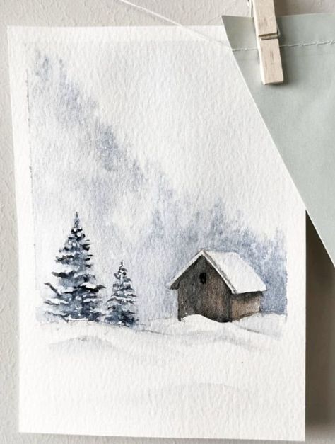 Winter Painting For Beginners, Simple Winter Scenes To Paint, Snow Landscape Watercolor, Winter Watercolor Paintings Landscapes, Winter Water Coloring Ideas, Winter Scenes Watercolor, Snow Watercolor Paintings, Snowy Landscape Watercolor, Watercolor Postcards Christmas