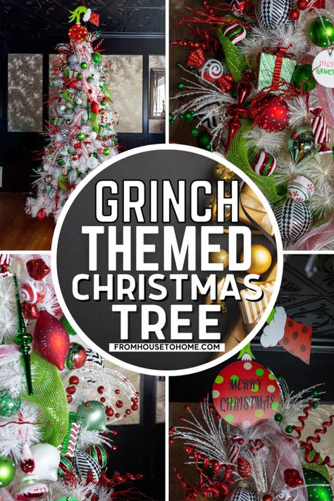 I love this Grinch Christmas tree! So many cool Christmas decorations! Read this tutorial to find out how to decorate this gorgeous Christmas tree. Grinch Tree Topper, Grinch Christmas Tree Ideas, A Grinch Christmas, Grinch Christmas Tree Topper, Mickey Mouse Christmas Tree, Diy Grinch, Grinch Tree, Christmas Tree Decorations Ribbon, Grinch Decorations