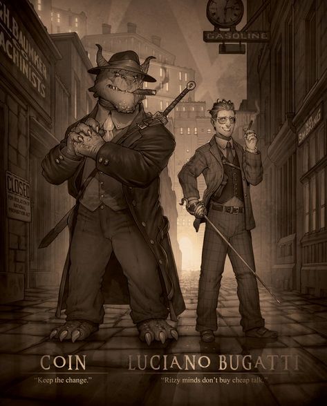 Fantasy Noir Concept Art, 1920s Fantasy Art, Steampunk Dnd Character, Fantasy Noir, Modern Dnd, Rogue Character, Male Character Design, Aesthetic Revolution, Mafia Game