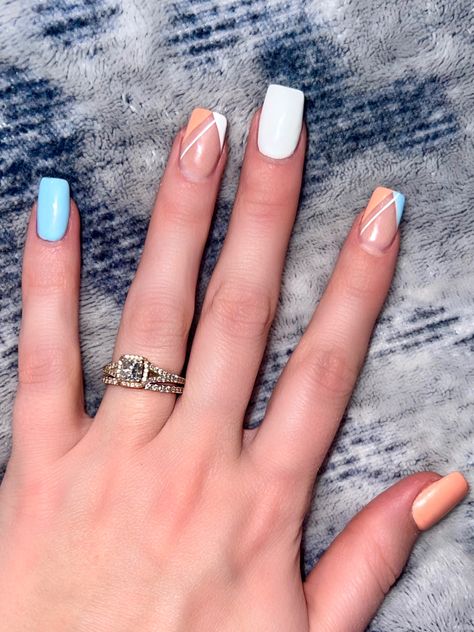 Pastel Blue And Orange Nails, Nail Designs For Mexico Vacation, Blue Orange And White Nails, Peach And Blue Nails, Nails For Mexico Vacation, Blue Vacation Nails, Nails For Vacation, Periwinkle Nails, White French Nails