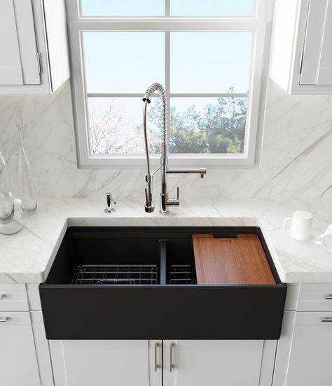 2018 Bocchi Contempo 36D Step Rim - Black Southern Belle Farm Style Sink, Black Farmhouse Sink, Dapur Rustic, Model Dapur, Interior Design Minimalist, Kitchen Sink Design, Black Sink, Rustic Kitchen Design, Popular Kitchens