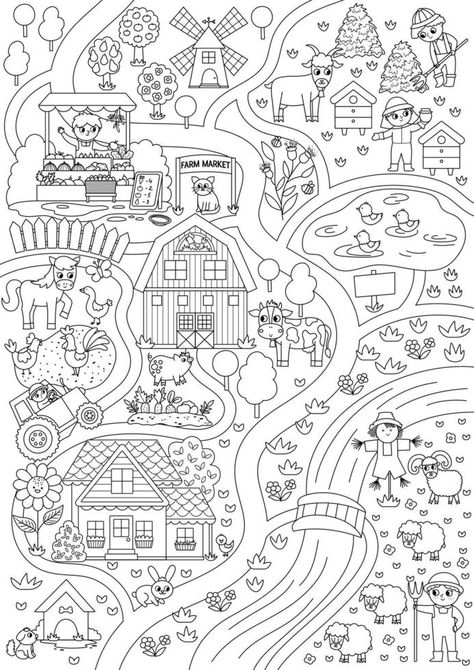 Farm black and white village map. Country life outline background. Vector rural area scene with animals, children, barn, tractor. Countryside plan or coloring page with field, pasture, cottage, garden Tractor Printable, Outline Background, Tractor Coloring Pages, Farm Coloring Pages, Village Map, Farm Animal Coloring Pages, Kids Coloring Pages, Kids Coloring, Rural Area