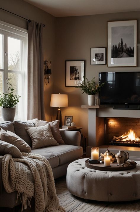 Cozy Living Room Area Rugs, Cozy Front Room, Cozy Nook Living Room, Tiny Cozy Living Room, Boujee Living Room, Moody Transitional Living Room, Small Front Room Ideas, Cozy Grey Couch, Warm And Cozy Living Room Designs