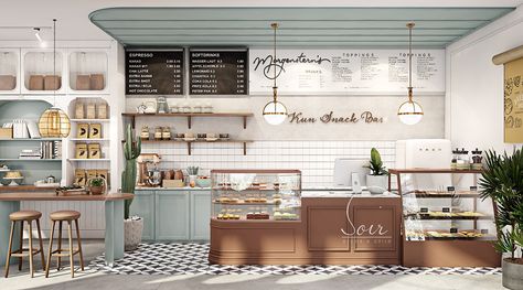 Bakery Shop on Behance Small Cake Shop Design, Bakery Interior Design Pastry Shop, Pastry Interior Design, Korean Bakery Aesthetic, Bakery Decor Ideas, Pastry Shop Interior, Travel Cakes, Cake Shop Design, Bakery Shop Interior