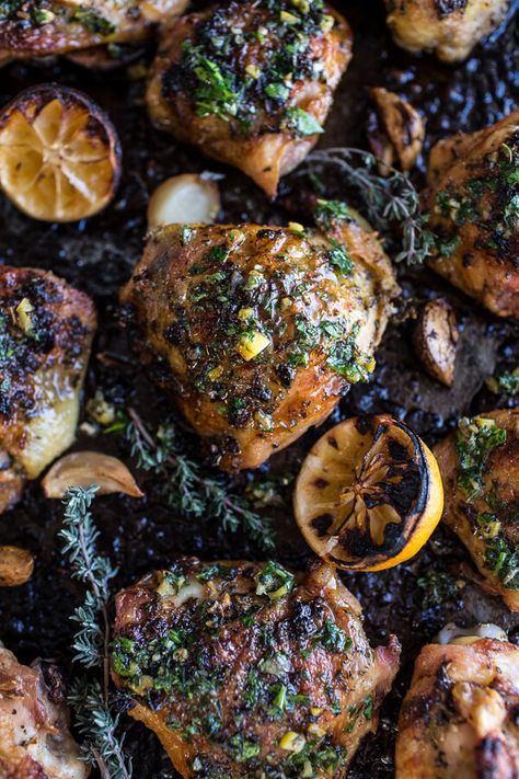 Garlic Butter Roasted Chicken Thighs with Charred Lemon Salsa Verde + Asparagus | halfbakedharvest.com @hbharvest Garlic Butter Roasted Chicken, Butter Roasted Chicken, Charred Lemon, Half Baked Harvest Recipes, Tropical Food, Roasted Chicken Thighs, Harvest Recipes, Half Baked, Half Baked Harvest