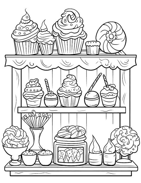 Cooking Coloring Pages, Dessert Coloring Pages, Cozy Bakery, Treats Birthday, Candy Coloring Pages, Cupcake Coloring Pages, Coloring Paper, Heart Shaped Candy, Food Coloring Pages