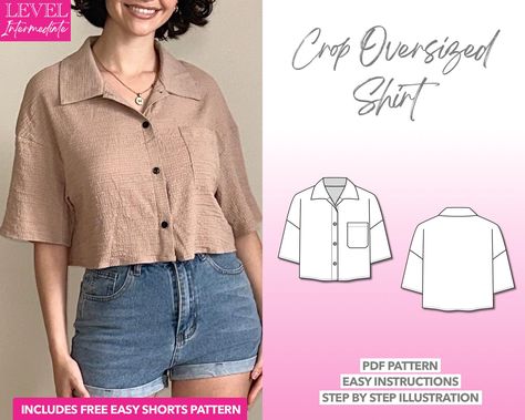 Top Sewing Pattern Crop Oversized Shirt PDF Pattern Crop Top Sewing Pattern Button-down Shirt Pattern Collard Shirt Sewing Pattern Women Oversized Crop Shirt, Crop Top Sewing Pattern, Collard Shirt, Trendy Crop Tops, Patterned Crop Top, Shirt Sewing Pattern, High Waist Bottoms, Top Sewing Pattern, Womens Sewing Patterns