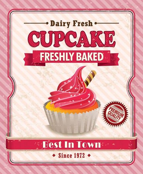 Vintage cupcake poster | Premium Vector #Freepik #vector #vintage-birthday #cupcake-background #art-card #banner-frame Cupcake Poster, Cupcake Vintage, Vintage Food Posters, Food Posters, Vintage Cupcake, Pub Restaurant, Fondant Cupcake Toppers, Cupcake Tins, Cosmetic Packaging Design