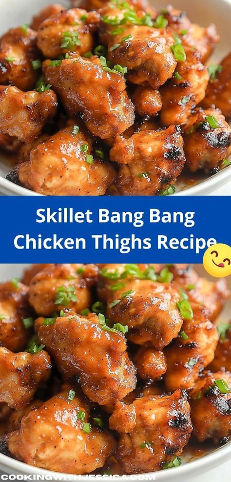 Need a family-friendly recipe that impresses? Discover the Skillet Bang Bang Chicken Thighs Recipe, featuring juicy chicken thighs coated in a mouthwatering bang bang sauce. It's an easy dinner solution for any occasion! Simple Quick Dinner, Pan Seared Chicken Thighs, Bang Bang Sauce, Bang Bang Chicken, Chicken Thighs Recipe, Easy Skillet Meals, Thighs Recipe, Easy Chicken Thigh Recipes, Quick Weeknight Meals