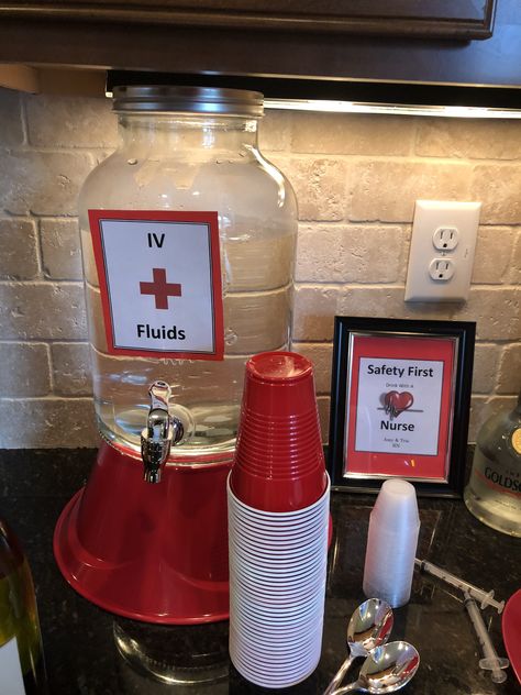 IV fluids for water Nursing Themed Cocktails, Nurses Week Party Ideas, Nurse Graduation Brunch, Greys Anatomy Party Ideas Decoration, Nurse Themed Cocktails, Nurse Graduation Party Food, Paramedic Party, Asylum Party, Graduation Party Drinks