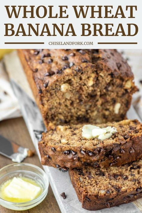 This whole wheat banana bread is a healthier take on an American classic, but tastes just as good, if not better than the original. #wholewheatbananabread #healthybananabread #chocolatechipbananabread #bananabread | chiselandfork.com Whole Wheat Banana Bread Recipe, Wheat Banana Bread Recipe, Fall Bread, Healthy Banana Bread Recipe, Whole Wheat Banana Bread, Banana Bread Recipe Healthy, Banana Chocolate Chip Muffins, Healthy Banana Bread, Healthy Banana