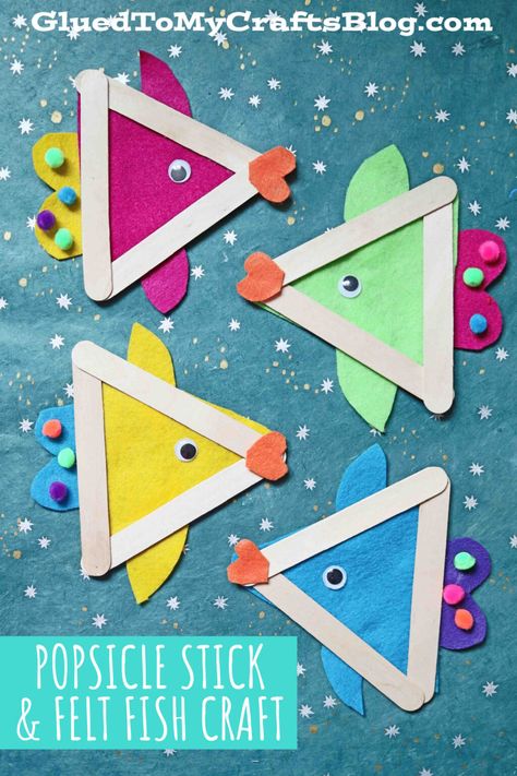 Popsicle Stick & Craft Felt Fish - Kid Craft Idea For Summer Popsicle Stick Fish, Popsicle Stick Craft, Popsicle Stick Snowflake, Popsicle Stick Crafts For Kids, Dragon Fly Craft, Fish Craft, Felt Fish, Popsicle Crafts, Kid Friendly Crafts