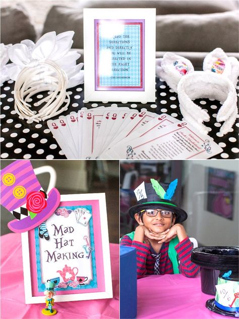 A Wonderland Birthday Mad Tea Party - Ideas on creative DIY decorations, fun party food, drinks, favors, party games and activities! via BirdsParty.com @birdsparty #wonderland #teaparty #madhatter #aliceinwonderland #birthdayparty #partyideas Alice In Wonderland Games, Mad Hatter Birthday Party, Fun Party Food, Kids Birthday Party Activities, Tea Party Activities, Happy Unbirthday, Tea Party Games, Alice In Wonderland Decorations, Candy Themed Party