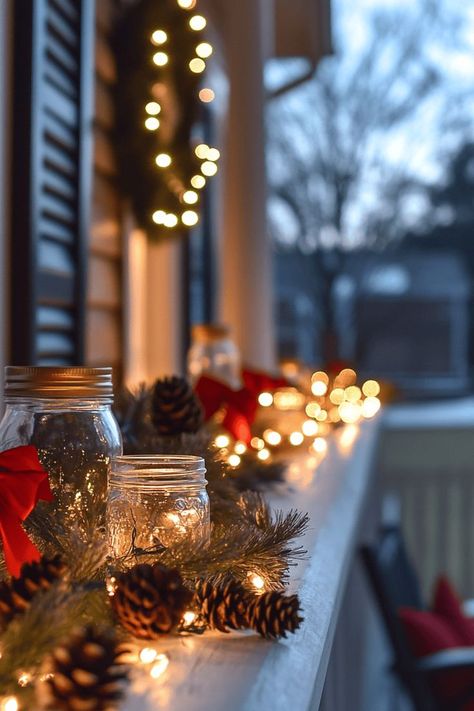 A cozy porch decorated with glowing string lights, pine cones, and red ribbons on a winter evening. Mason jars and a wreath add a festive touch. Christmas Decor For Porch, Cheap Christmas Decor Ideas, Christmas Decor For Living Room, Light Christmas Decorations, Cheap Christmas Decor, Beach Christmas Tree, Beach Christmas Trees, Affordable Christmas Decorations, Christmas Decorations Cheap