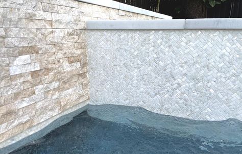 White Mosaic Pool, Pearl Pool Tile, White Tile Waterline Pool, Mother Of Pearl Pool Tile, White Pool Tile Waterline, Mother Of Pearl Swimming Pool Tile, Waterline Pool Tile, Raised Pools, Herringbone Mosaic Tile