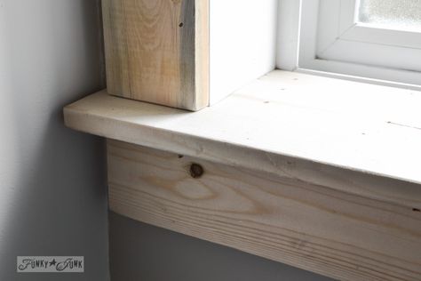 How to make a farmhouse window with moulding using standard lumber, with no tricky miter cuts! Get a vintage farmhouse vibe with these easy DIY steps! #funkyjunkinteriors #windowmolding #windowmoulding #farmhouse #farmhousestyle #farmhousewindow Farmhouse Window Trim, Window Moulding, Interior Window Trim, Farmhouse Window, Window Molding, Rustic Window, Funky Junk Interiors, Farmhouse Windows, Interior Windows