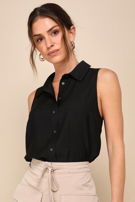 Whatever your sunny days have in store, the Lulus Breezy Finesse Black Collared Button-Front Tank Top is always the best companion! This lightweight top has a textured, linen-like woven fabrication that shapes a chic collared neckline and a sleeveless silhouette. A functional button placket adorns the front of the relaxed, darted bodice. Dress it up with slacks or keep things casual with your favorite denim! Fit: This garment fits true to size. Length: Size medium measures 22.5" from shoulder to Sleeveless Top Outfit, Tank Top Outfits, Bodice Dress, Fashion Mistakes, Lightweight Tops, Style Mistakes, Outfit Inspo Fall, Chic Woman, Black Sleeveless