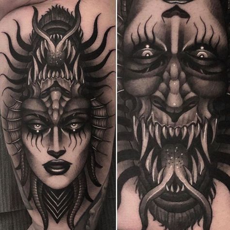 💀 Cecile 💀 (@ccyle) • Instagram-Fotos und -Videos Flip Face Tattoo Design, Upside Down Face Tattoo, Flip Face Tattoo, Human Face Tattoo, Split Face Tattoo, Two Face Tattoo, Shogun Tattoo, Traditional Tattoo Girls, Satanic Tattoos