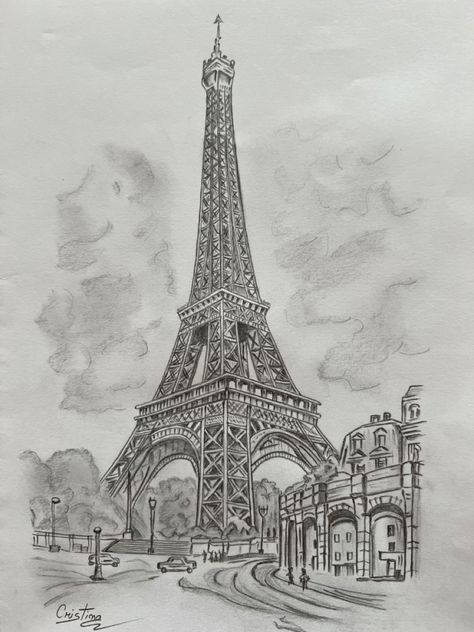 Eiffel Tower Pencil Sketch, Sketch Of Eiffel Tower, Paris Eiffel Tower Drawing Sketches, How To Draw Effiel Tower, Paris Buildings Drawing, Pencil Art Drawings Realistic Landscape, Effile Tower Sketch, France Drawing Sketches, French Drawing Ideas