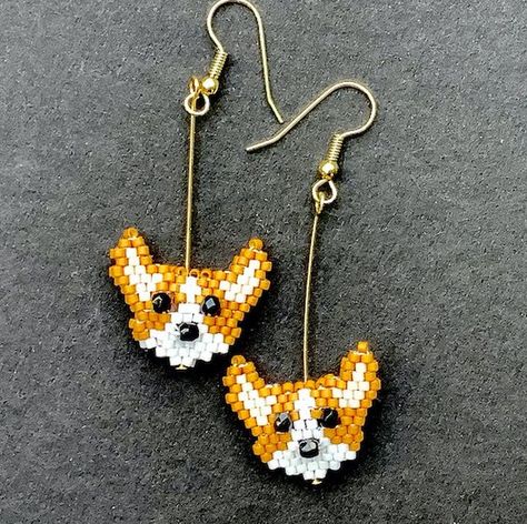 Corgi Earring Bead Pack #BeadingPatterns #BeadPatternIdeas #PerlerBeadPatternsIdeas #SimplePerlerBeadPatternsIdeas Corgi Brick Stitch, Corgi Bead Pattern, Bead Creatures, Delica Earrings, Miyuki Beads Pattern, Бисер Twin, Beads Craft, Beading Thread, Beaded Leaf