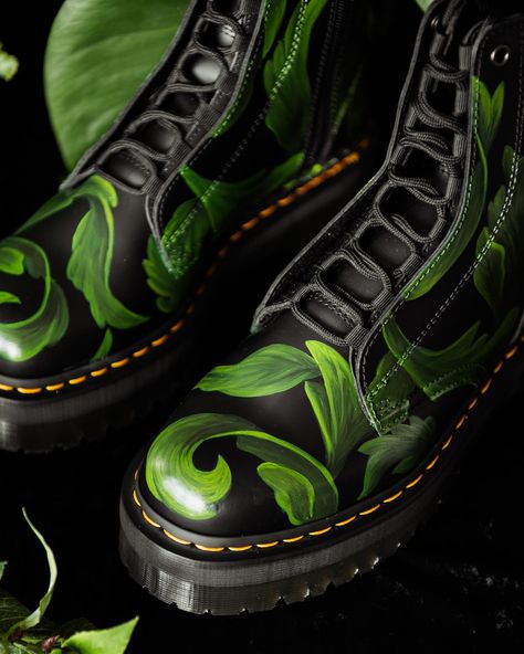 Created for Dr Martens january creative competition with the theme of 'refresh', a hand painted leafy pattern adorns this pair   #botanicalart #darkcottagecore #customized #darkacademia #gothicwedding #gardengoth Doc Martens Designs, Custom Dr Martens, Leafy Pattern, Dr Martens Style, Doc Martin, Romantic Goth, Try New Things, Custom Boots, Alternative Art