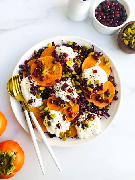 Persimmon Burrata Salad, Winter Burrata Salad, Persimmon Salad Recipe, Persimmons Recipes, Peach Burrata Salad, Festive Salad, Persimmon Salad, Burrata Recipe, Thanksgiving Festivities