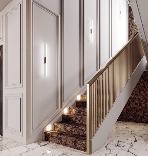 Classic Stairs Design, Stairs Wall Decor, Stair Moulding, Staircase Wall Design, Stair Wall Lights, Classic Staircase, Staircase Wall Lighting, Neoclassical Interior Design, Classic Reception