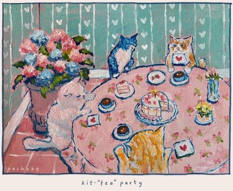 Cat Tea Party, Cat Artwork, Cat Posters, Art Collage Wall, Cat Painting, Pretty Art, Art Sketchbook, Painting Inspiration, Cat Art