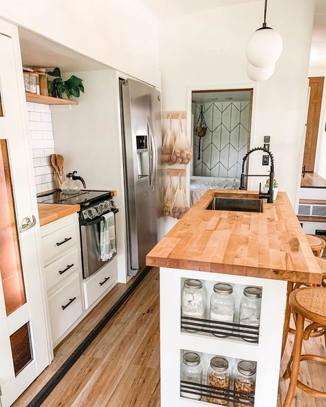 Lacey • RV life shared a photo on Instagram: “Beams or no beams. That is the question. Will my brain ever stop rearranging this tiny home of…” • See 534 photos and videos on their profile. Kitchen With Wooden Countertops, Rv Storage Ideas, Rv Kitchen Remodel, Rv Interior Remodel, Camper Interior Design, Kitchen Goals, Wooden Countertops, Camper Trailer Remodel, Rv Organization