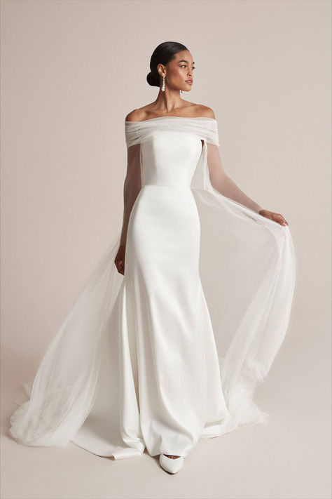 Elevated yet uncomplicated, this stretch Mikado wedding dress was designed with a modern straight neckline and subtle V-back. Princess seams down the bodice add a classic touch while inverted godets detail the skirt sides. Soften the look by pairing this style with its delicate English net cape, which is offered separately as 88205C. Mikado Wedding Dress, Wedding Dress Collection, Justin Alexander, Marriage Is, Straight Neckline, Princess Seams, Old Hollywood Glamour, Princess Seam, Hollywood Glamour