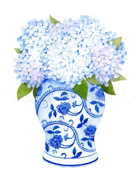 "Add some color to your walls! Bring the fresh outdoors inside with this gorgeous watercolor print featuring blue hydrangeas with subtle hints of purple arranged in a blue ginger jar. - This is a 5\"x7\" unframed, professional reproduction of an original watercolor painting - Archival inks applied with a sophisticated inkjet printer create a museum-quality print that will last for decades - Giclee watercolor paper is subtly textured and gives artwork a luxurious look and feel - There is no water Floral Fashion Illustration, Ginger Jar Art, Fashion Illustration Watercolor, Blue Hydrangeas, Outdoors Inside, Watercolor Fashion, Fashion Art Illustration, Ginger Jar, Custom Watercolor