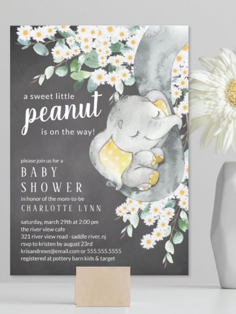 Little Peanut Elephant Neutral Baby Shower Invitation! #babyshower #babyshowersgifts #babyshowercards #babyshowerparty #newborn Yellow Elephant Baby Shower Theme, Neutral Elephant Baby Shower Ideas, Our Little Peanut Baby Shower Theme, Elephant Shower Ideas, A Little Peanut Is On The Way, Little Peanut Baby Shower Ideas, Peanut Baby Shower Ideas, Little Peanut Baby Shower Boy, Neutral Baby Shower Ideas Themed Parties