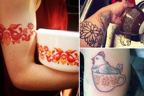 A household staple for years, the Pyrex brand is iconic - and some people have even deemed the goods TATTOO worthy. Pyrex Tattoo Ideas, Pyrex Pattern Tattoo, Pyrex Tattoo Patterns, Pyrex Tattoo, Bowl Tattoo, Gooseberry Pyrex, Tooth Tattoo, Pyrex Patterns, Vintage Cookware