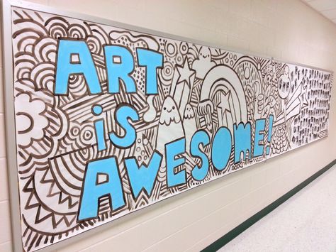 Hallway Bulletin Board "Art Is Awesome". This would be so fun for them to color in during open house or during the first day of class! Art Room Posters, Art Bulletin Boards, معرض فني, School Hallway, Collaborative Art Projects, Art Classroom Decor, School Murals, Bulletin Board Ideas, Board Art