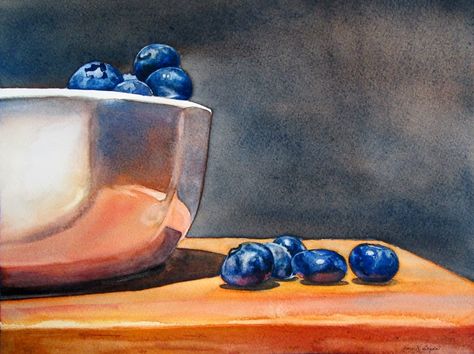 Blueberry Bowl, Blue Fruits, Watercolor Fruit, Watercolor Sketchbook, Fruit Painting, Still Life Drawing, Realistic Paintings, Fruit Art, Daily Paintworks