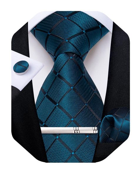 PRICES MAY VARY. 🎁【Plaid Tie Set】Silk Plaid Necktie + Woven Pocket Square+ Cufflinks + Tie Clip+ Gift box. It's a surprise gift for father, husband, son, boyfriend, groomsmen,and all loved ones on Father's Day,Christmas Day,Valentine's Day,Thanksgiving Day,Anniversary,birthday ect. 🎁【High-quality Fabric】High-quality formal tie sets are made from silk, providing a soft and delicate texture. 2000 stitches jacquard woven craftsmanship, high-density fabric provides a soft silky yet durable merit. How To Store Ties, Turquoise Tie, Teal Plaid, Pocket Square Size, Formal Tie, Luxury Ties, Ties For Men, Turquoise Wedding, Plaid Tie