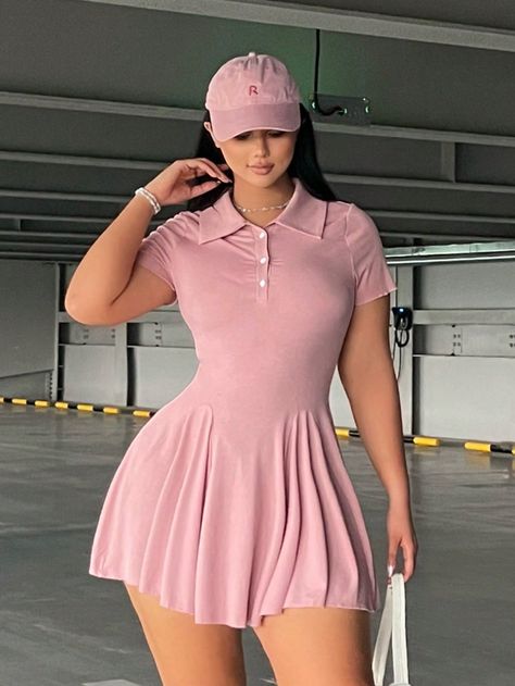 Vestido casual de manga corta con cuello polo liso y minimalista para mujer de talla grande Rosa vieja Casual  manga corta Tela tejida Liso A línea Elástico Ligero  Women Plus Clothing, size features are:Bust: ,Length: ,Sleeve Length: High Fashion Outfits, Printed Sleeveless Top, Dress Dusty, Elegant Dresses Long, Vestido Casual, Kids Sleepwear, Hem Dress, Polo Collar, Elegant Dress