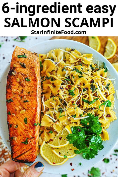 Salmon Scampi Pasta, Salmon Scampi Recipe, Salmon Scampi, Scallop Scampi Recipe, Entree Ideas, Salmon Pasta Recipes, Salmon Meal Prep, Scampi Pasta, Seafood Meals