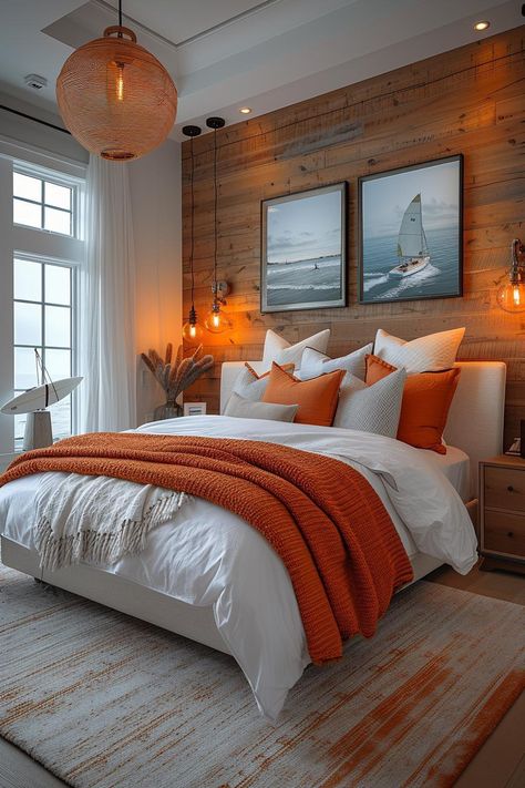 Orange Master Bedrooms Decor, White And Orange Bedroom, Modern Coastal Bedroom Ideas, Costal Bedroom, Modern Coastal Bedroom, Coastal Style Furniture, Bold Bedroom, Florida Decor, Coastal Bedroom Decorating