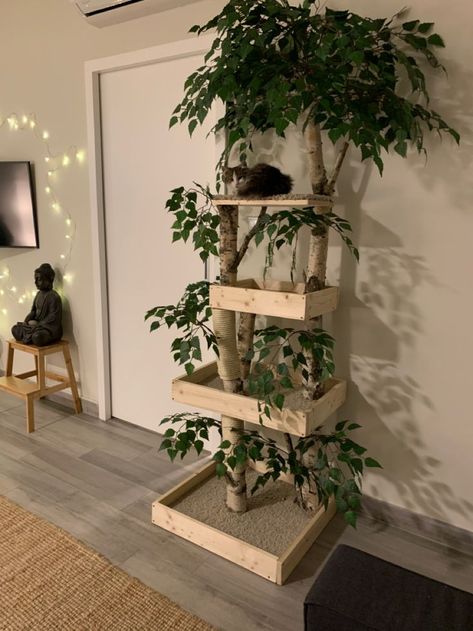 Build Your Own Cat Tower, Cute Cat Area Ideas, Cat Room In Basement, Cat Tree For Small Spaces, Cat Tower In Living Room, Cat Room Closet, Cat Hallway Ideas, Kitty Corner Ideas, Cat House Decor