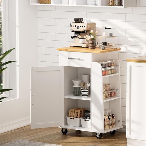 PRICES MAY VARY. 【Durable Material】Our kitchen carts are made of high quality wood and metal, and the thick rubberwood top gives you enough spaces to prep, serve, and stow, the countertop is easy to clean with damp wipes. The whole cart’s frame is waterproof, allows a long-lasting using life. 【Ample Storage Space】This rolling kitchen island has three big drawer, two open shelves and one removable tray. Large cabinet storage space helps you to store many kitchen supplies, such as wine glasses, pa Butcher Block Cabinets, Table On Wheels, Coin Café, Wood Bar Cart, Island Cart, Rolling Kitchen Island, Kitchen Island Cart, Wood Kitchen Island, Kitchen Dinning Room