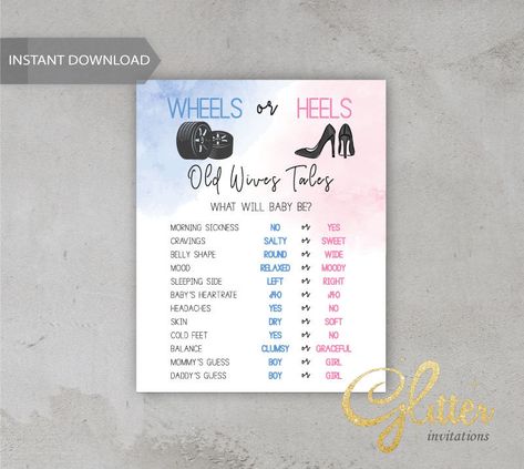 Wheels Or Heels Gender Reveal, Gender Reveal Games, Old Wives Tale, Wives Tales, Girl Gender Reveal, Gender Reveal Party Decorations, Gender Reveal Decorations, Gender Reveal Invitations, Reveal Ideas