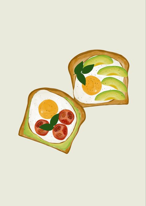 Avocado And Egg Toast, Toast Illustration, Avocado Egg Toast, Avocado Illustration, Artsy Wall, Avocado And Egg, Avocado Toast Egg, Egg Toast, Minimal Color