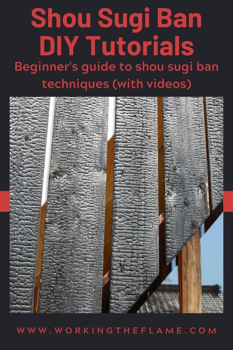 Beginner's guide to shou sugi ban techniques, with video tutorials and information on tools required! Shou Sugi Ban Pallet Wood, Shu Sugi Ban House, How To Shou Sugi Ban, Shu Sugi Ban Diy, Shou Sugi Ban Kitchen Cabinets, Shou Sugi Ban Art, Shou Sugi Ban Kitchen, Shou Sugi Ban Diy, Shu Sugi Ban