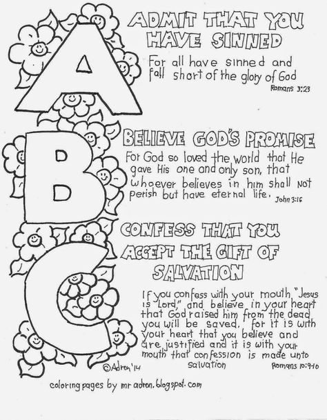 The ABC of the Gospel Coloring page. See more at my blogger: http://coloringpagesbymradron.blogspot.com/ Abc Of Salvation, Bible School Crafts, Bible Study For Kids, Sunday School Activities, Bible Coloring Pages, Childrens Bible, Bible Lessons For Kids, Bible Activities, Bible Coloring