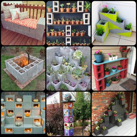 Cinder Block Flower Wall, Cement Block Planters Diy, Cinder Block Flower Bed Ideas, Cinder Blocks Planters, Cinder Block Privacy Fence, Cylinder Block Ideas, Cider Blocks Garden Ideas, Cinderblock Ideas Backyards, Cinder Block Shelves Outdoor