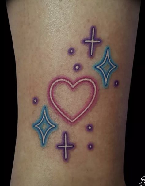 Tattoo Ideas Carebear, Name Placements Tattoos, Chemical X Tattoo Powerpuff, Small 90s Tattoo, Tattoos That Look Like Stickers, Disco Heart Tattoo, Fun Colorful Tattoos, Heart Bubble Tattoo, Small Glitter Tattoo