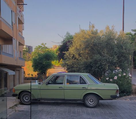 green car mercdes aesthetic sage green old car 1970 1970s 1980s Car Aesthetic, Green Old Car, Sage Green Car, 70s Car Aesthetic, 70s Cars, Ride Or Die, History Pictures, Pretty Cars, Aesthetic Vintage